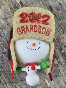 2012 Hallmark GRANDSON snowman ornament buffalo plaid trapper hat throw snowball - Picture 1 of 12