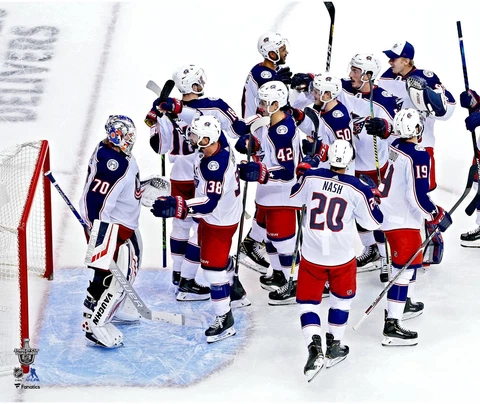 Columbus Blue Jackets Unsigned 2020 SC Qualifying Round Win Celebrate Photo Cover