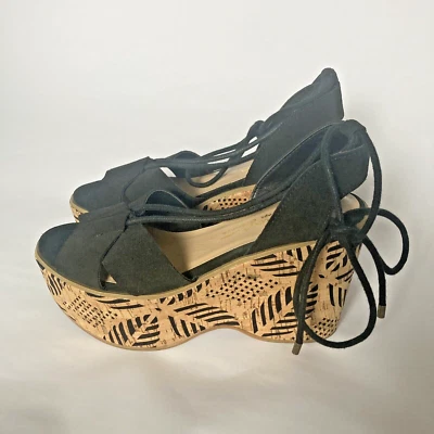 Sbicca Staycation Sandal Women Size 7 Black Leather Ankle Lace Up Platform Wedge - Image 1 of 4