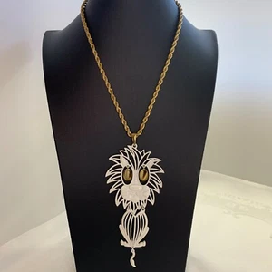 Vintage Necklace Articulated Lion Pendant White Enamel Gold Tone Rope Chain ALAN - Picture 1 of 8