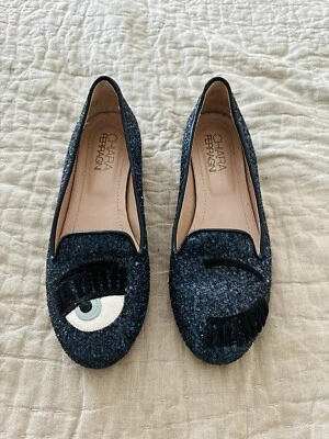 Chiara Ferragni Flirting Wink Shoes Dark Blue Glitter Size 37 - Image 1 of 3