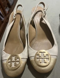 TORY BURCH Minnie Leather Slingback 8 Gold Cap-Toe Logo Buckle Shoes - Picture 1 of 7