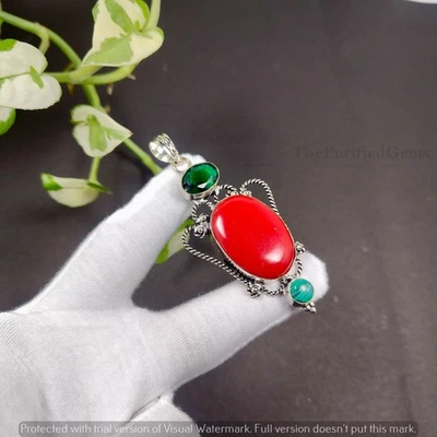 Coral & Mix Gemstone 925 Sterling Silver Plated Overlay Pendant ~Antique Jewelry - Image 1 of 4
