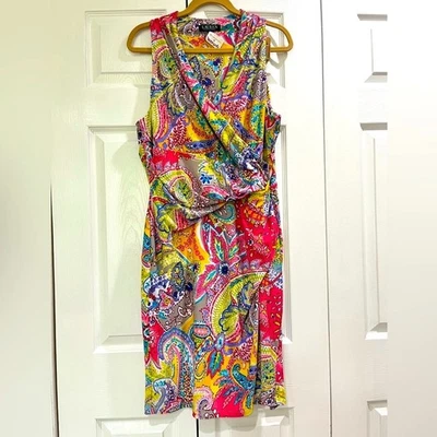 Lauren Ralph Lauren Multicolor Sleeveless Ruched Faux Wrap Paisley Dress Size 16 - Image 1 of 4