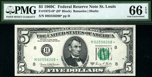1969c* $5 St. Louis STAR Federal Reserve FRN 1972-H* • PMG 66 EPQ Scarce - Picture 1 of 2