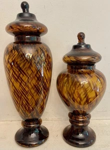 2 pc Vintage Murano Style Glass Tortoise Shell Glass Vase Jar Urn W/lids EUC! - Picture 1 of 4