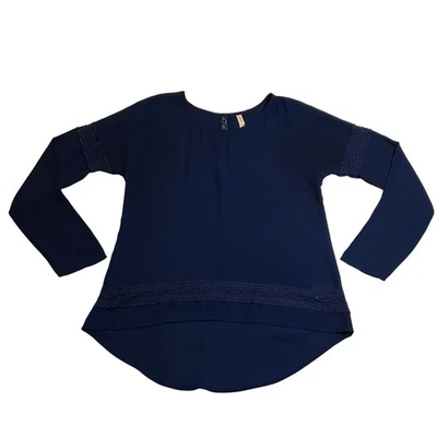 Xhilaration Crew Neck Lace Trim Blouse Size S Boho Chiffon High Low Hem Casual - Image 1 of 4