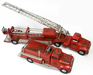 Vintage 1956 Tonka TFD No. 5 Pressed Steel Ladder & Pumper Fire Truck Pair -A - Picture 1 of 18