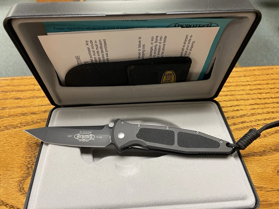 1999 Early Microtech Mini Socom Black Tanto Signature Folding Pocket Knife + Mat - Image 1 of 4