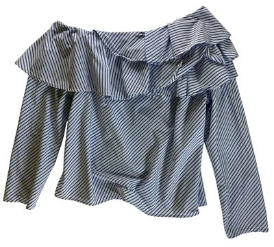 Gap XL с открытыми плечами синий и белый в полоску оборки блузка 100% хлопок восьмидесятых - Изображение 1 из 4