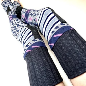 Patchwork Striped Leg Warmers Purple Sweater Knee Socks Gray Knit Thigh Highs OS - Picture 1 of 9