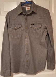 Wrangler Pearl Snap Denim Shirt Mens Small Gray Western Long Sleeve - Picture 1 of 7