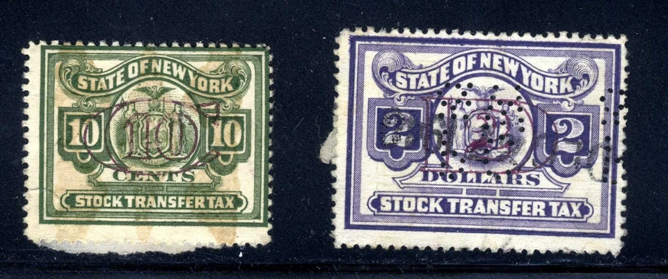 STATE OF NEW YORK STOCK TRANSFER 10 cent green & 2 Cent Blue    Used - Image 1 of 1