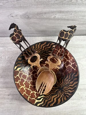 Handmade Wooden Salad Bowl Animal Print W/Serving Fork & Spoon - Image 1 of 4
