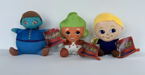 Willy Wonka Set of 3 the Chocolate Factory 7” Plush Doll Charlie Violet Oompa Cover