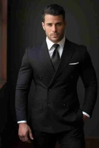 Elegante traje negro de doble botonadura para hombre, ajuste a medida y llamativo atuendo de negocios - Imagen 1 de 5