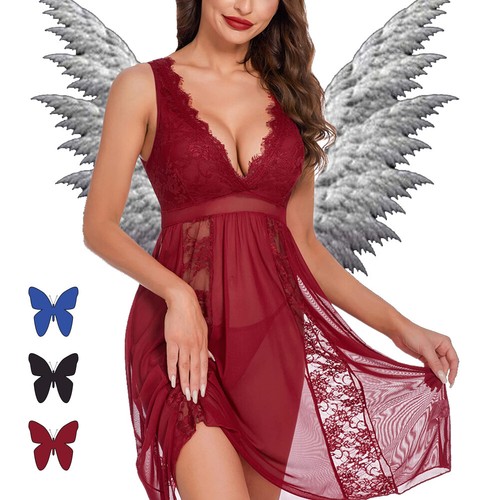 VALENTINO Camicia da notte donna sexy lingerie ciglia abito pizzo babydoll pigiama set perizoma