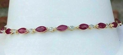 5Ct Marquise LabCreated Ruby & Diamond Tennis Bracelet 14K Yellow Gold Plated 7" - Image 1 of 4