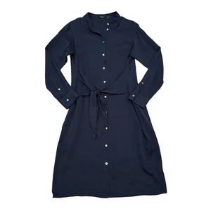 Theory Tie Waist Shirt Dress in Silk Georgette Navy Blue Size M - Picture 1 of 7
