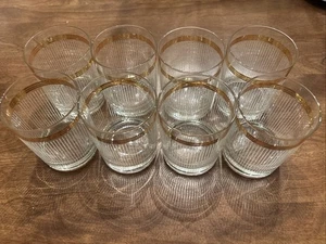 8 MCM Vintage Culver Empire Triple Banded Old-Fashioned Etch Glasses 22K Gold - Picture 1 of 10