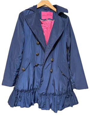 Gabardina de lluvia Betsey Johnson para mujer chaqueta con volantes azul marino rosa botones talla S Foto 1 de 4