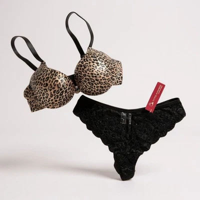 Animal Print Leopard Print T Shirt Bra with Black Lace Thong Sizes 32-38 B to D - Image 1 of 4