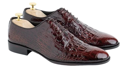 Sapatos sociais formais feitos à mão Oxford borgonha com cadarço texto crocodilo couro - Imagem 1 de 4