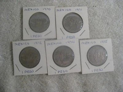 Lot of 5 Diff.Old Mexico  1 Peso Coins Collection World Mexican Foreign - Image 1 of 4