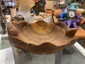 Wooden Hand Carved Two Turtles Fruit Bowl Serving Centerpiece Home Decor Wood - Picture 1 of 8