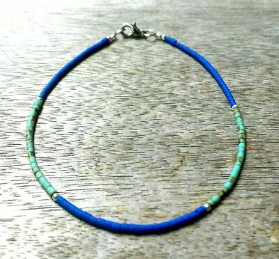 Lapis Lazuli, Turquoise Tiny Seed Tube Heishi Beads Anklet Ankle Bracelet Gypsy - Image 1 of 2