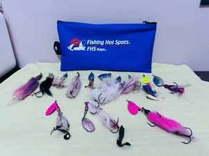13 pc LOT OF MUSKY NORTHERN WALLEYE TROUT LURES SPINNERS MEPPS w/ BAG - Picture 1 of 3