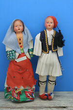 2 Vintage Composition Dolls Cloth Stuffed Bodies Pair Greek Souvenir 10.5" T