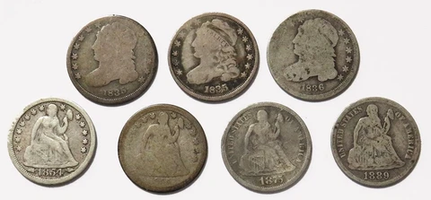 ( 7) 1835 BUST-1891 SEATED SILVER LIBERTY DIMES CIRCULATED COIN LOT Cover