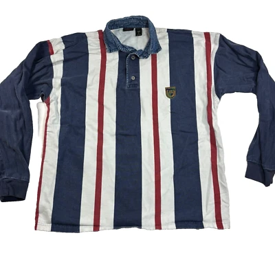 VTG Structure Polo Denim Collar Long Sleeve USA Made Stripe Crest Rugby Shirt LG - Image 1 of 4