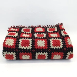 Vtg Granny Square Blanket Throw Red WOOL Handmade Crochet Christmas Cabin 59x48 - Picture 1 of 10
