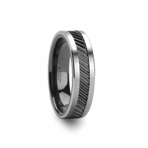 Tungsten & Black Ceramic Gear Teeth Pattern Wedding Band - 6mm or 10mm NEW - Picture 1 of 4