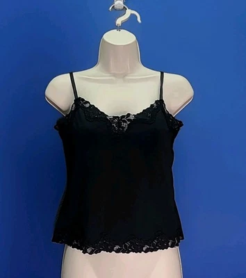 Vtg Y2K Knit Tank Top Cami Crop Baby Tee Black Lace Trim 90s Grunge Petite M Med - Image 1 of 4
