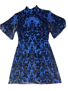 Anthropologie Blue Velvet Burnout Mini Dress US 4 Floral Damask Party Kimono - Picture 1 of 15