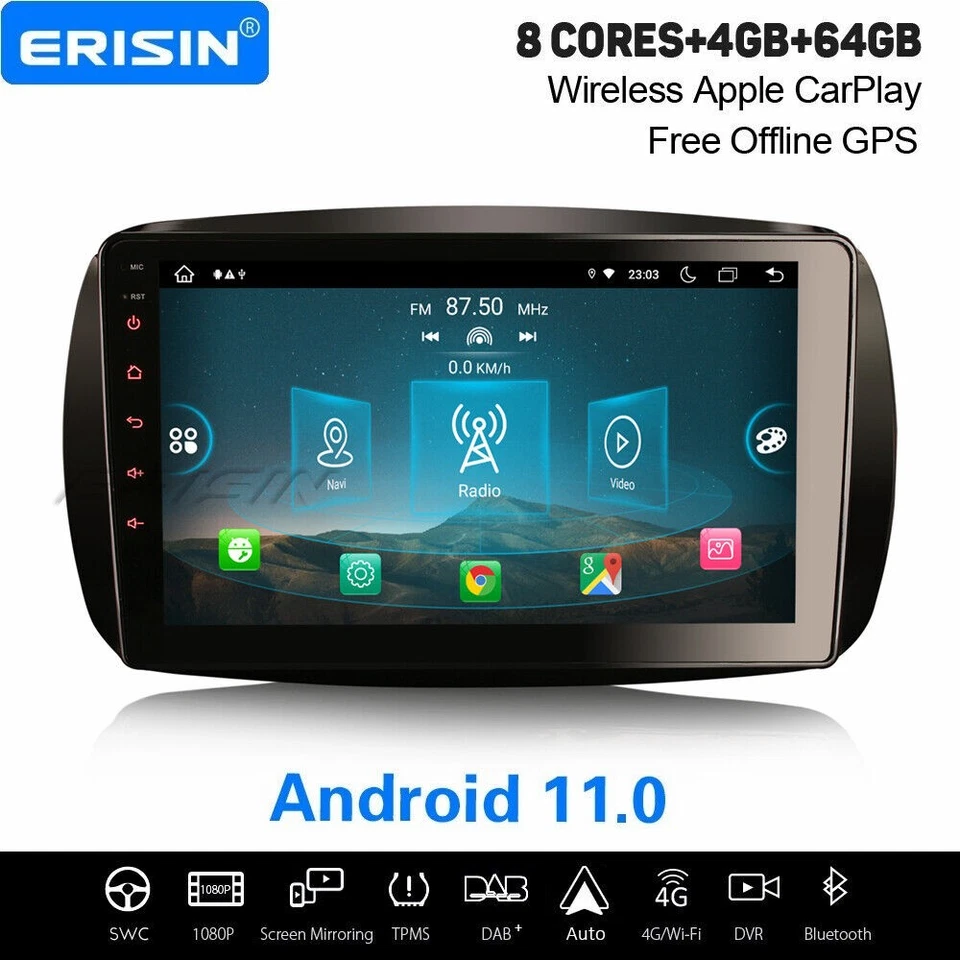 9" 8-Kern CarPlay Android 14 DAB+ Autoradio 64GB Navi DVB-T2 Mercedes-Benz SMART - Bild 1 von 1