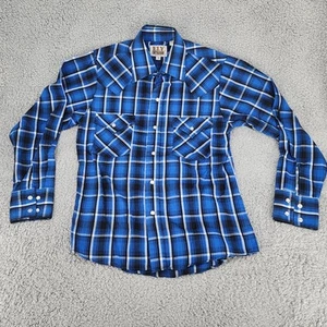 Ely Cattleman Youth M Pearl Snap Western Shirt Blue Black Long Sleeve Pockets - Picture 1 of 14