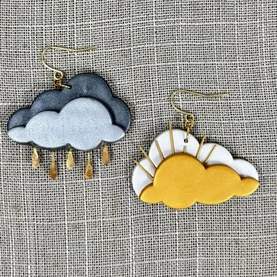 Weather Stormy Sunny Clouds Acrylic Mismatched Earrings Gold Tone Rain & Rays - Image 1 of 4