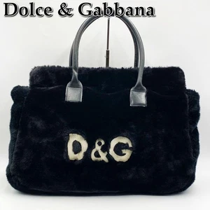 DOLCE & GABBANA Fur Tote Hand Bag Black Leather DG logo Women from japan - Picture 1 of 24