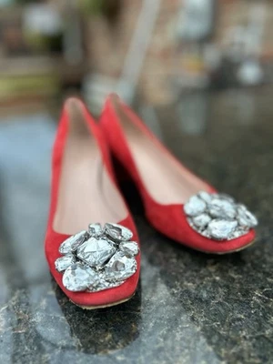 Zapatos de salón Kate Spade de cuero de gamuza roja con estrás focal PNT tacón bloque talla 7,5 Foto 1 de 4
