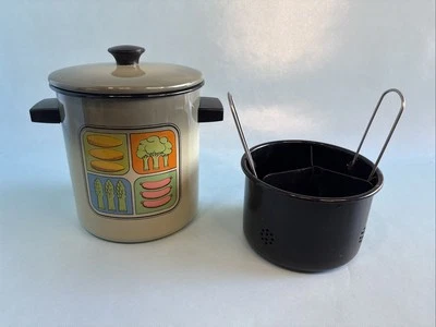 Vintage Green 1970s San Ignacio Stock Pot Enameled Vegetable Steamer w/ Strainer - Image 1 of 4