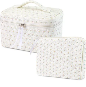 2Pcs Floral Quilted Makeup Bag Set Coquette Makeup Bags Large Cotton Cosmetic... - Bild 1 von 7