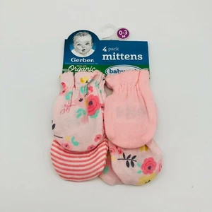 Gerber Baby Girls 4-Pack 0-3m No Scratch Mittens, Pink Floral Solid Striped NEW - Picture 1 of 3