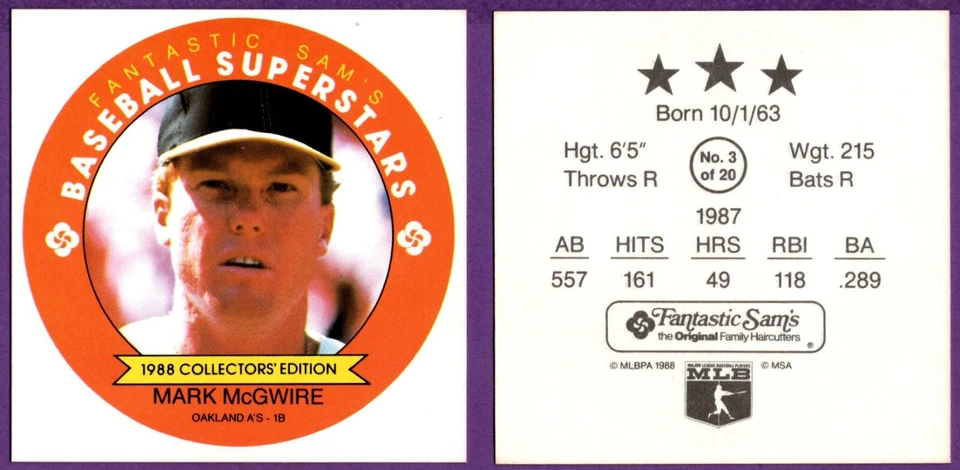 Mark McGwire Oakland Athletics 1988 MSA Fantastic Sam's Square Cut Card #3 - Image 1 of 1