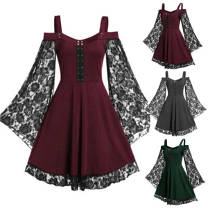 Plus Size 18-26 Womens Victorian Gothic Mini Dress Cold Shoulder Lace Up Tops - Picture 1 of 18