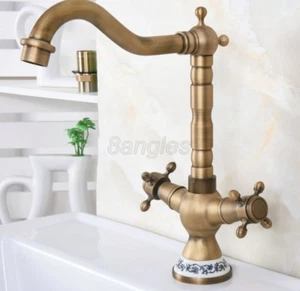 Antique Brass Dual Handle Single Hole Bathroom Basin Faucet Mixer Tap 8nf602 - Picture 1 of 6