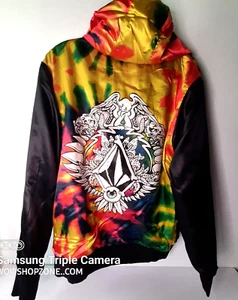 Volcom Hoodie Mens Size S Black Seymore Reversible Mushrooms Psychedelic Tie Dye - Picture 1 of 18